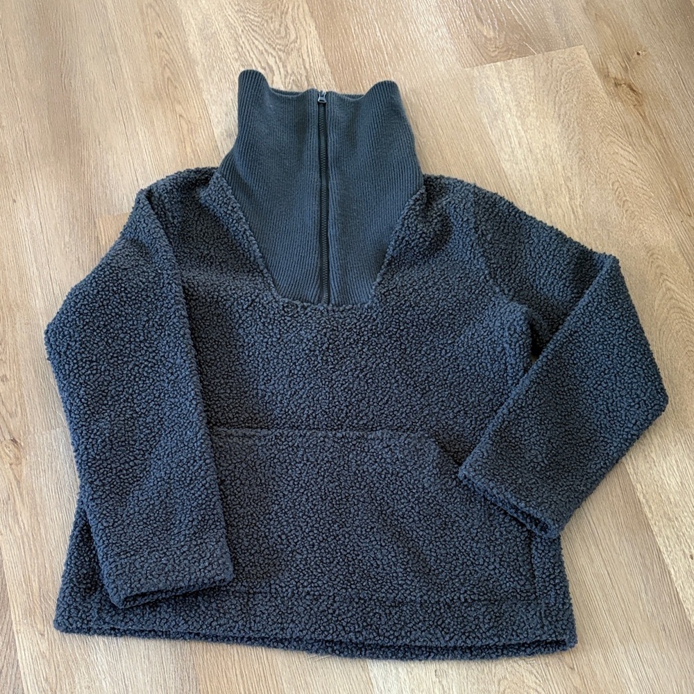 Cozy Dark Gray Sherpa Quarter -Zip Pullover